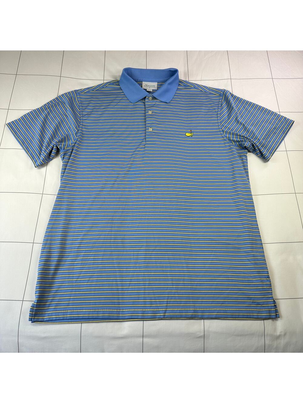 Masters Performance Shirt Mens XL Blue Yellow Striped Golf Polo Short Sleeve